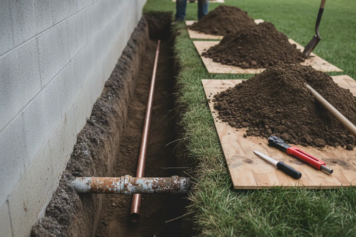Excavated water line trench during Water Softener Installation in Sellers